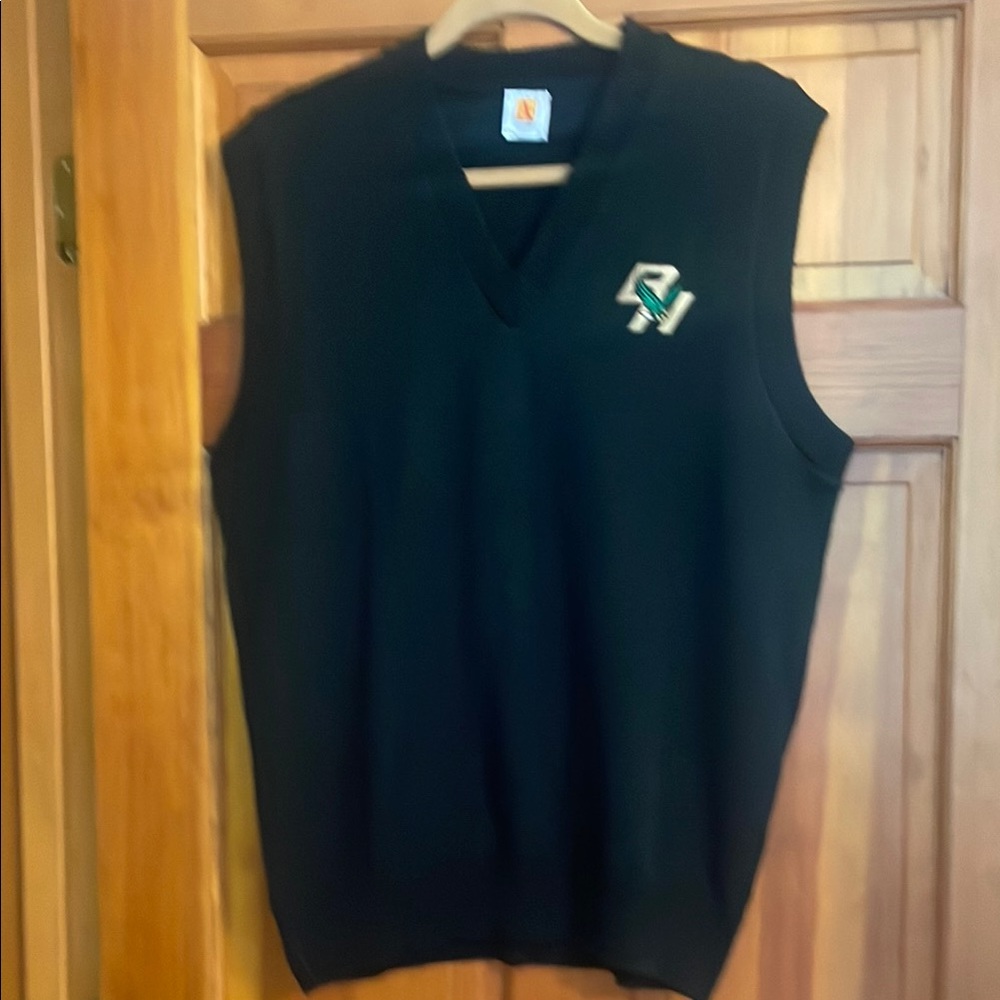Black V-Neck Sweater Vest with Green Accent Logo Bishop Hendricken L